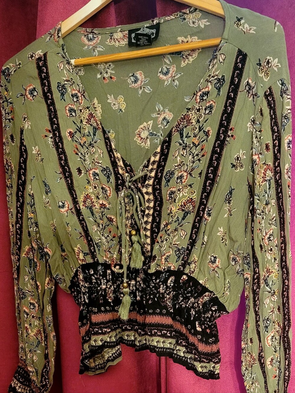 Angie Green Floral Peasant Blouse with Tassel Tie